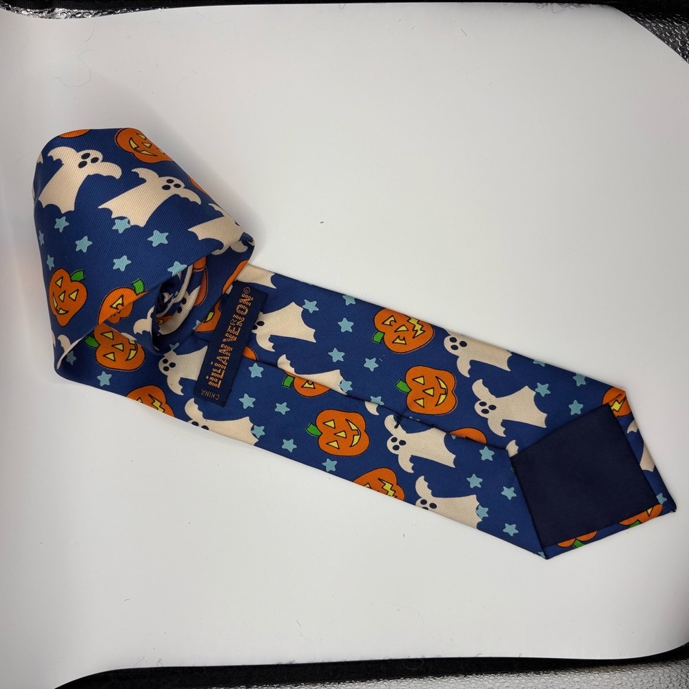 Lillian Vernon Necktie  Size 56in Blue Novelty Halloween Ghost Pumpkin Spooky - Picture 2 of 4